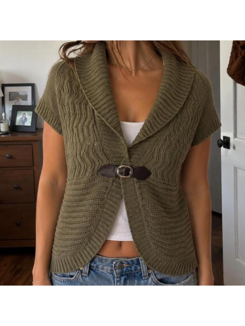 Fresh Olive Green Chunky Knit Buckle Cardigan